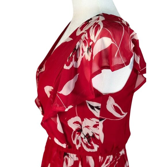 MauricesX-Small Womens Floral Wrap Dress Red White Ruffle Sleeve Maxi Sheer Over - Picture 2 of 10